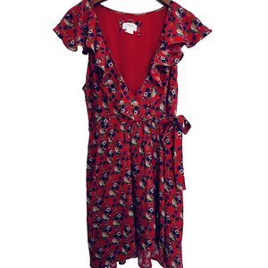 Maeve Wrap Dress 12 Anthropologie Red Floral Rosalia Ruffle Sleeveless